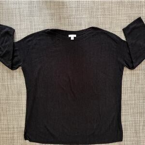 J JILL Linen Boxy Relaxed 3/4 Sleeve Boatneck Banded Shoulder Sweater Black M